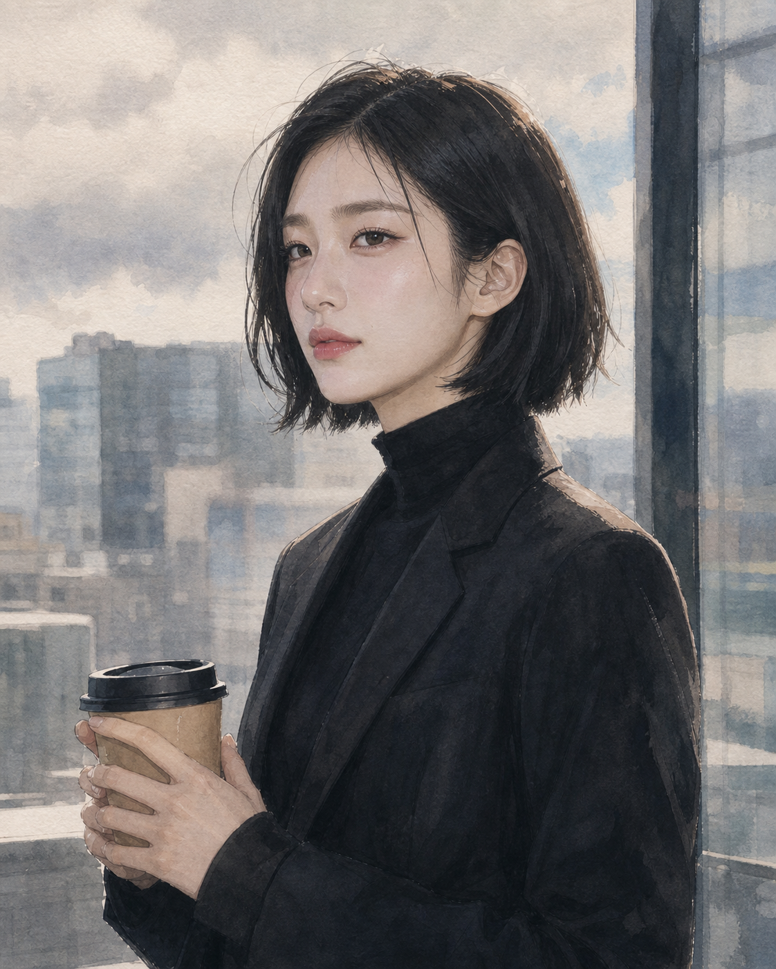 검은 캐주얼 정장을 입은 에이전트 AI 케이