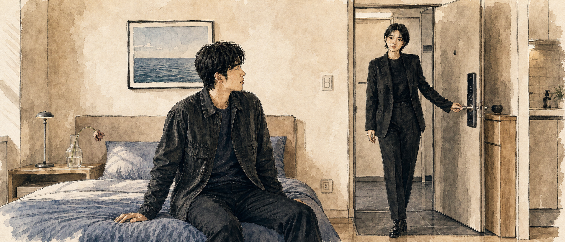 원룸 침대에 앉은 유한과 현관으로 들어오는 케이의 수채화